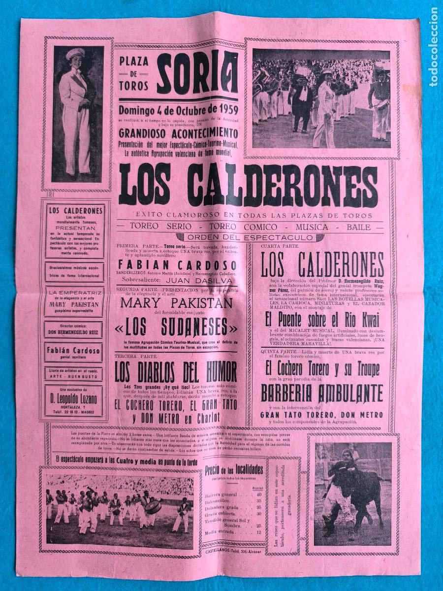Carteles Espect&aacute;culos: RW CARTEL PLAZA TOROS SORIA 1959 ESPECTACULO LOS CALDERONES LOS DIABOS DEL HUMOR CTC174