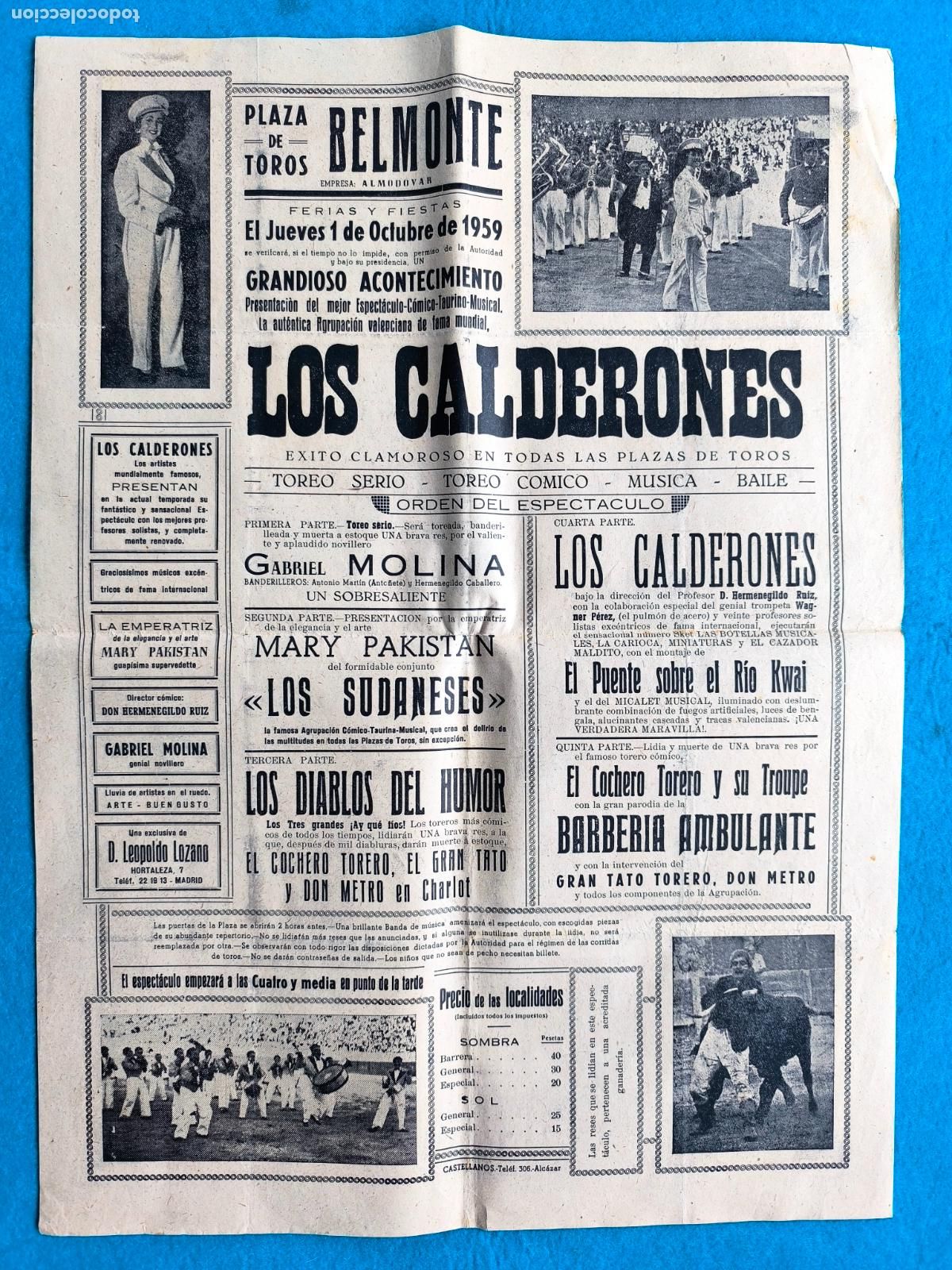 Carteles Espect&aacute;culos: RW CARTEL PLAZA TOROS BELMONTE CUENCA 1959 ESPECTACULO LOS CALDERONES LOS DIABOS DEL HUMOR CTC175