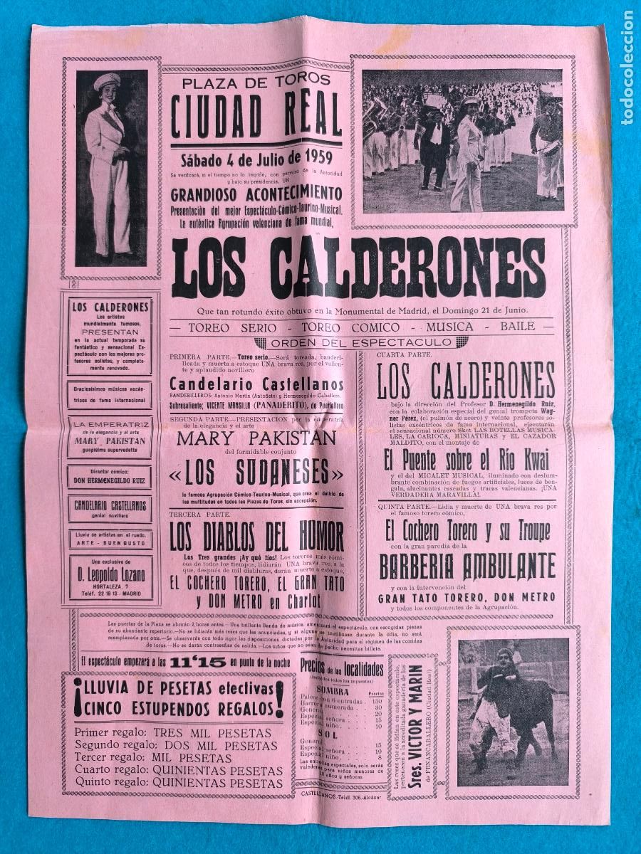 Carteles Espect&aacute;culos: RW CARTEL PLAZA TOROS CIUDAD REAL 1959 ESPECTACULO LOS CALDERONES LOS DIABOS DEL HUMOR CTC176