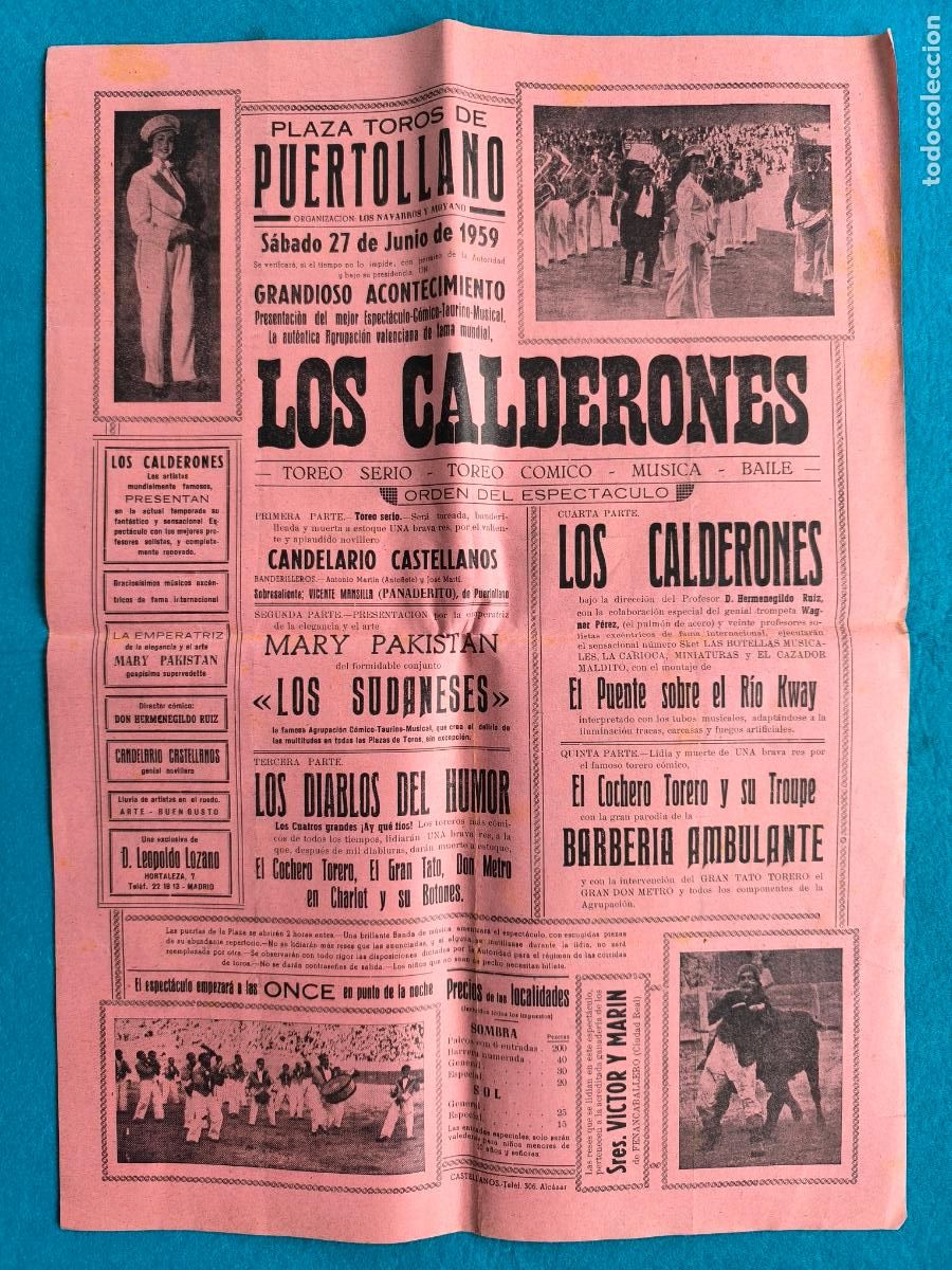 Carteles Espect&aacute;culos: RW CARTEL PLAZA TOROS PUERTOLLANO CIUDAD REAL 1959 LOS CALDERONES LOS DIABOS DEL HUMOR CTC177