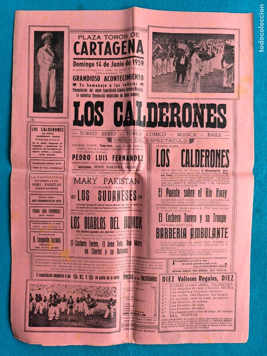 Carteles Espect&aacute;culos: RW CARTEL PLAZA TOROS CARTAGENA MURCIA 1959 ESPECTACULO LOS CALDERONES LOS DIABOS DEL HUMOR CTC180