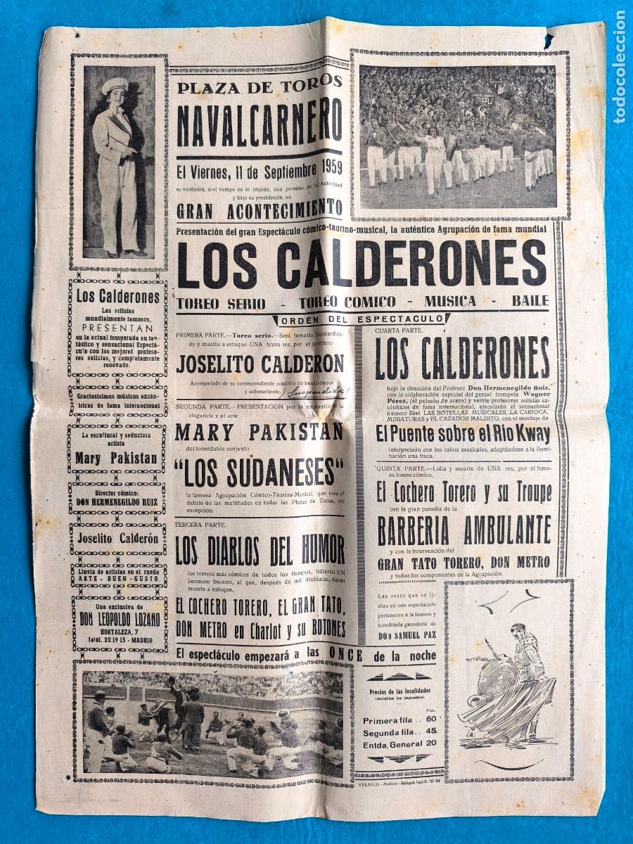 Carteles Espect&aacute;culos: RW CARTEL PLAZA TOROS NAVALCARNERO MADRID 1959 LOS CALDERONES LOS DIABOS DEL HUMOR CTC181