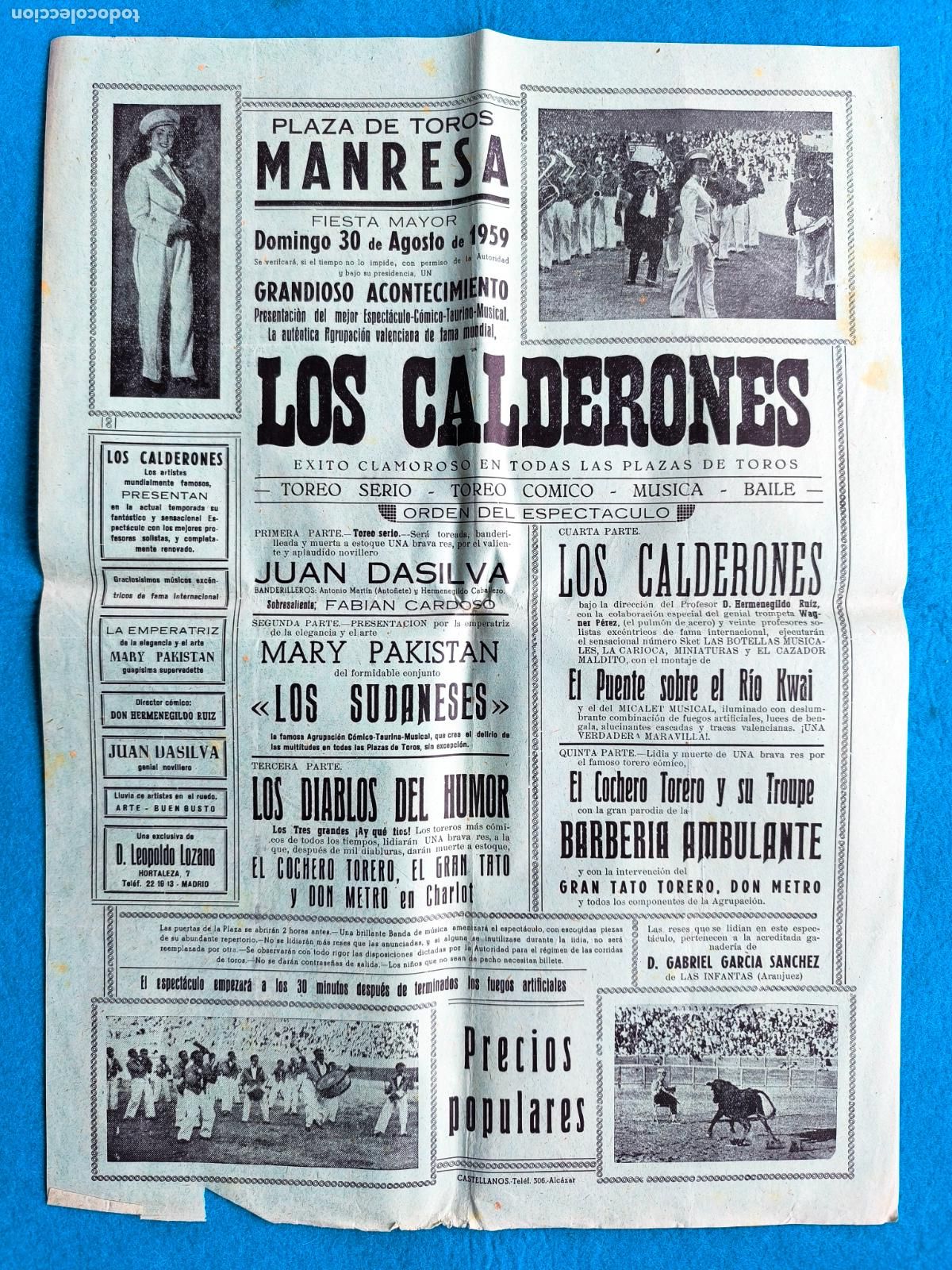 Carteles Espect&aacute;culos: RW CARTEL PLAZA TOROS MANRESA CATALU&Ntilde;A 1959 ESPECTACULO LOS CALDERONES LOS DIABOS DEL HUMOR CTC182
