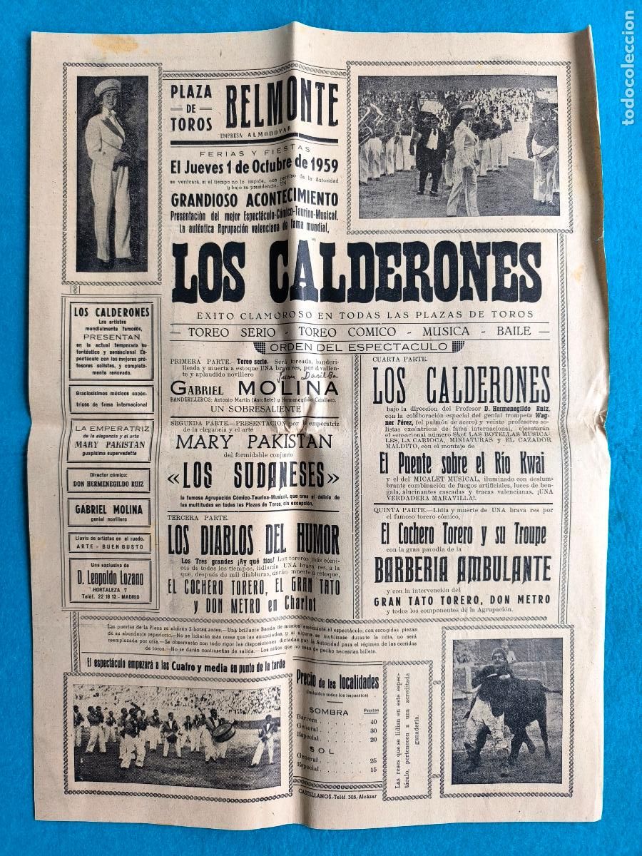 Carteles Espect&aacute;culos: RW CARTEL PLAZA TOROS BELMONTE CUENCA 1959 ESPECTACULO LOS CALDERONES LOS DIABOS DEL HUMOR CTC183