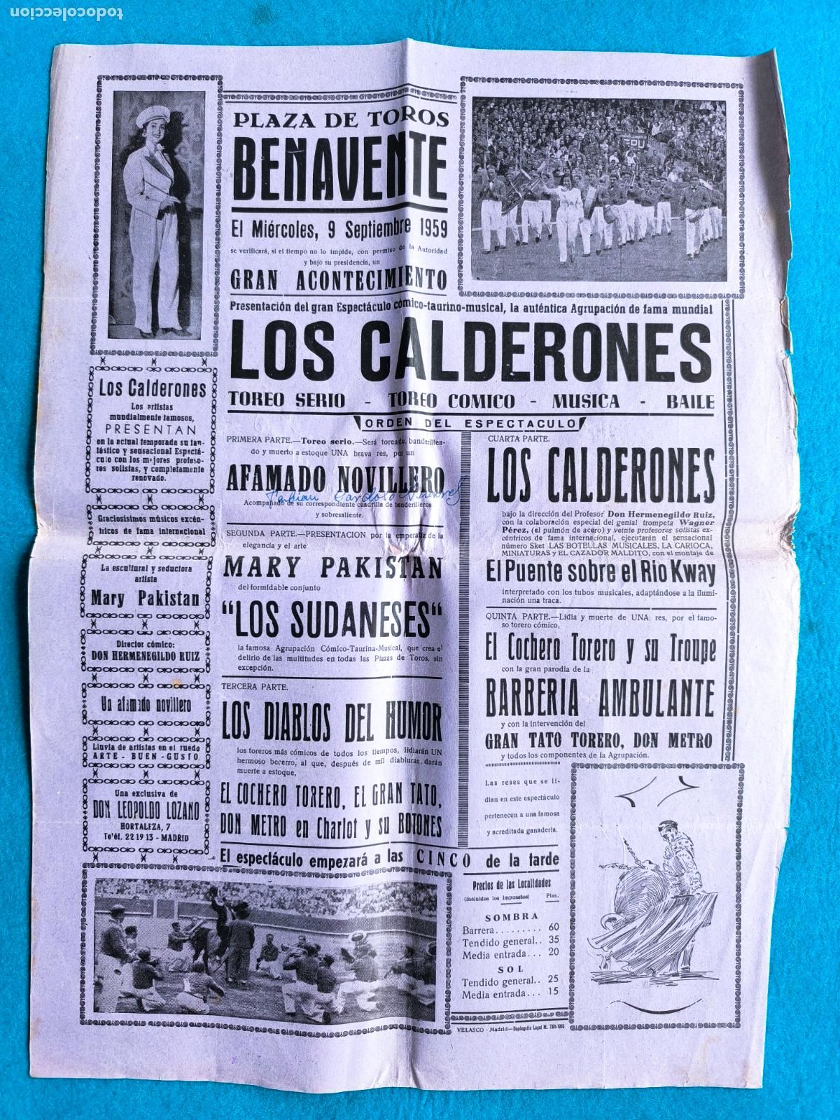 Carteles Espect&aacute;culos: RW CARTEL PLAZA TOROS BENAVENTE ZAMORA 1959 ESPECTACULO LOS CALDERONES LOS DIABLOS DEL HUMOR CTC189