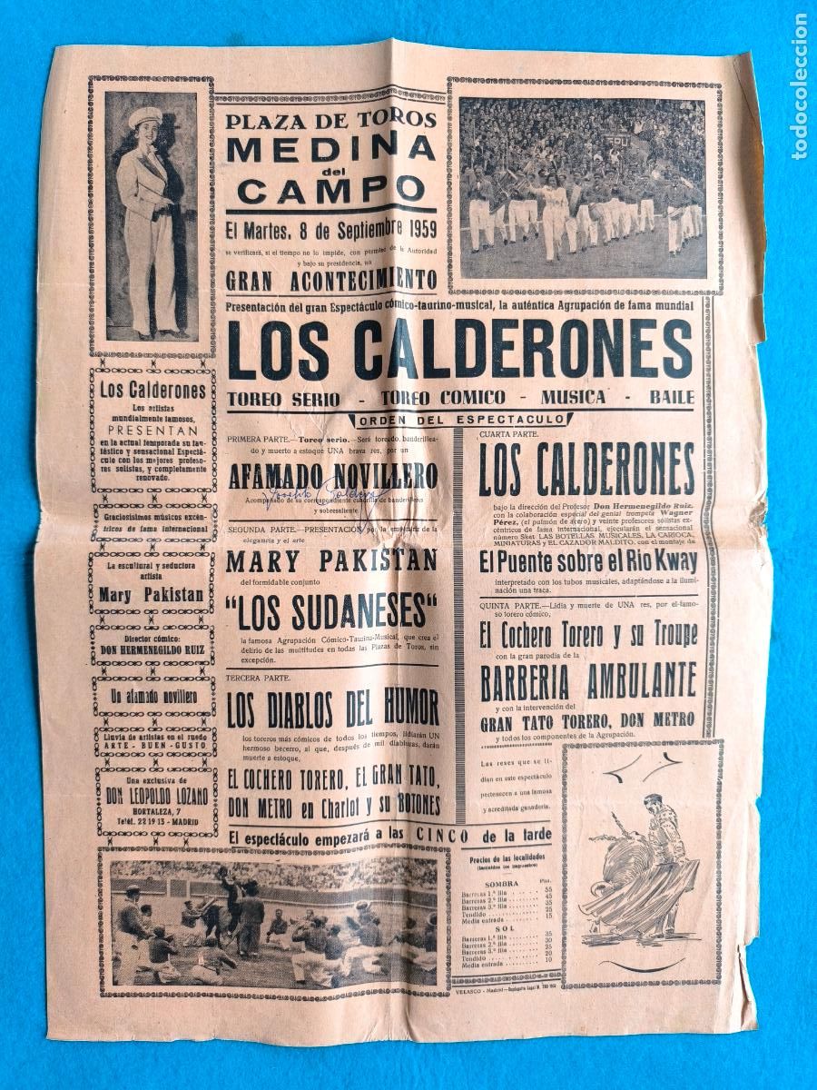 Carteles Espect&aacute;culos: RW CARTEL PLAZA TOROS MEDINA DEL CAMPO VALLADOLID 1959 LOS CALDERONES LOS DIABLOS DEL HUMOR CTC190