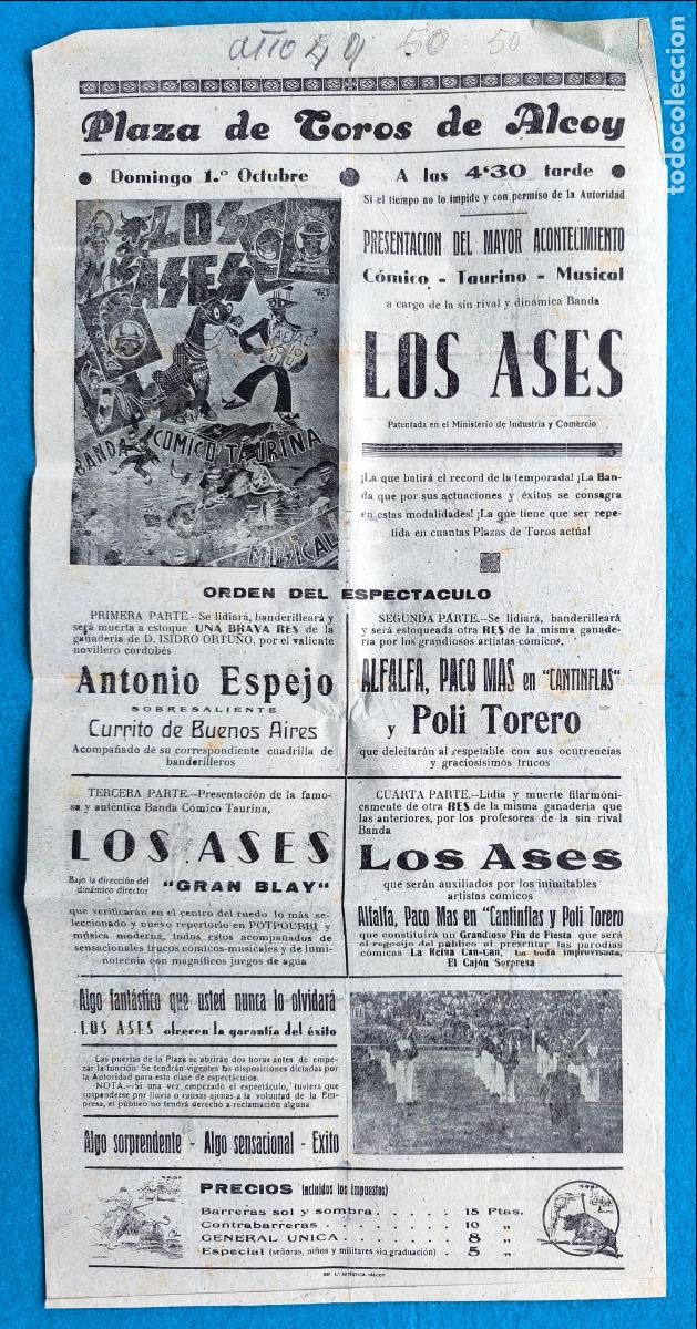 Carteles Espect&aacute;culos: RW CARTEL PLAZA TOROS ALCOY ALICANTE ESPECTACULO LOS LOS ASES ANTONIO ESPEJO POLI TORERO CTC191