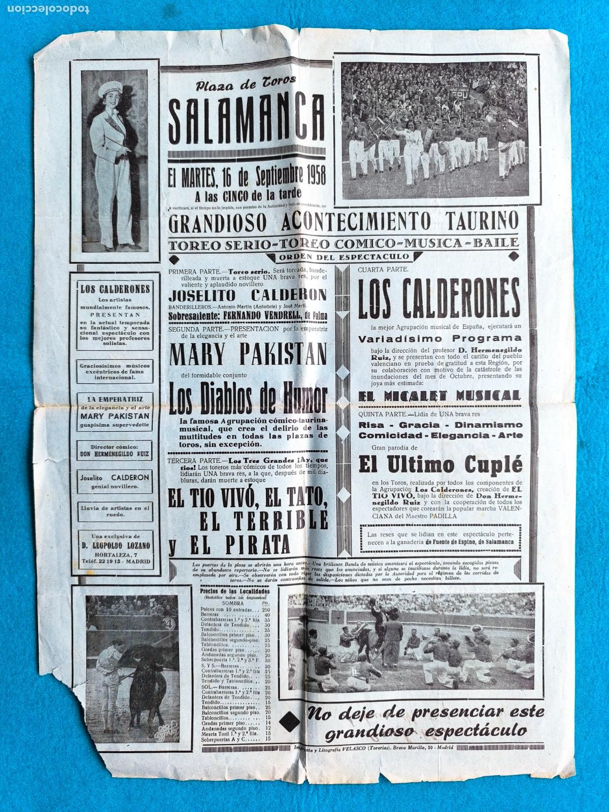 Carteles Espect&aacute;culos: RW CARTEL PLAZA TOROS SALAMANCA 1958 ESPECTACULO LOS CALDERONES LOS ASES EL TIO VIVO CTC192