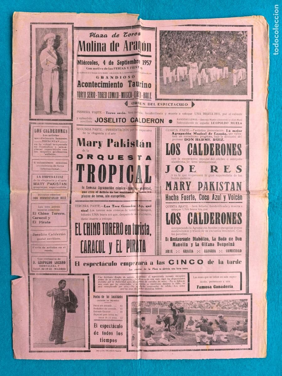 Carteles Espect&aacute;culos: RW CARTEL PLAZA TOROS MOLINA DE ARAGON GUADALAJARA 1957 ESPECTACULO LOS CALDERONES JOE RES CTC194