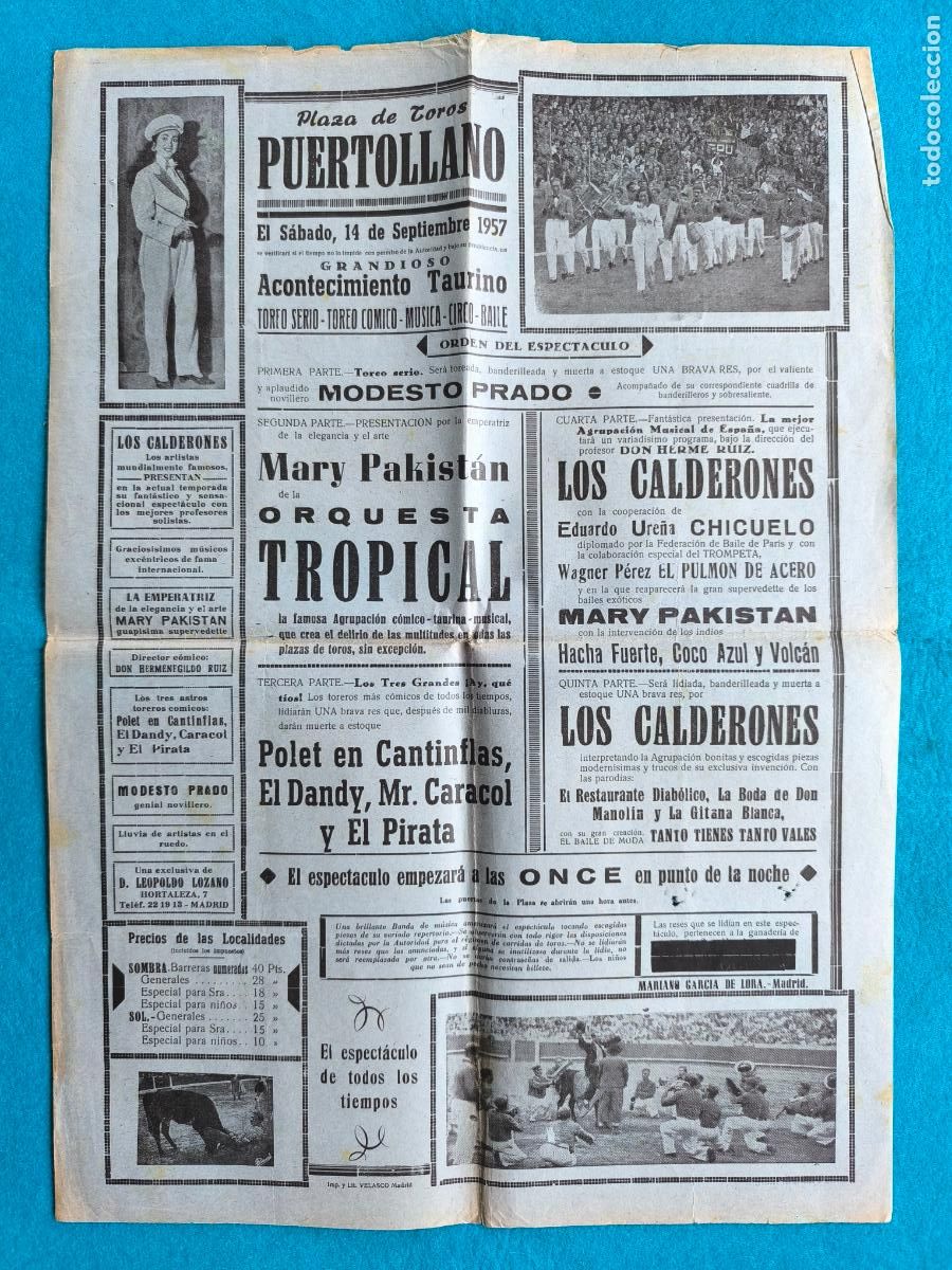Carteles Espect&aacute;culos: RW CARTEL PLAZA TOROS PUERTO LLANO CIUDAD REAL 1957 ESPECTACULO LOS CALDERONES CHICUELO CTC195