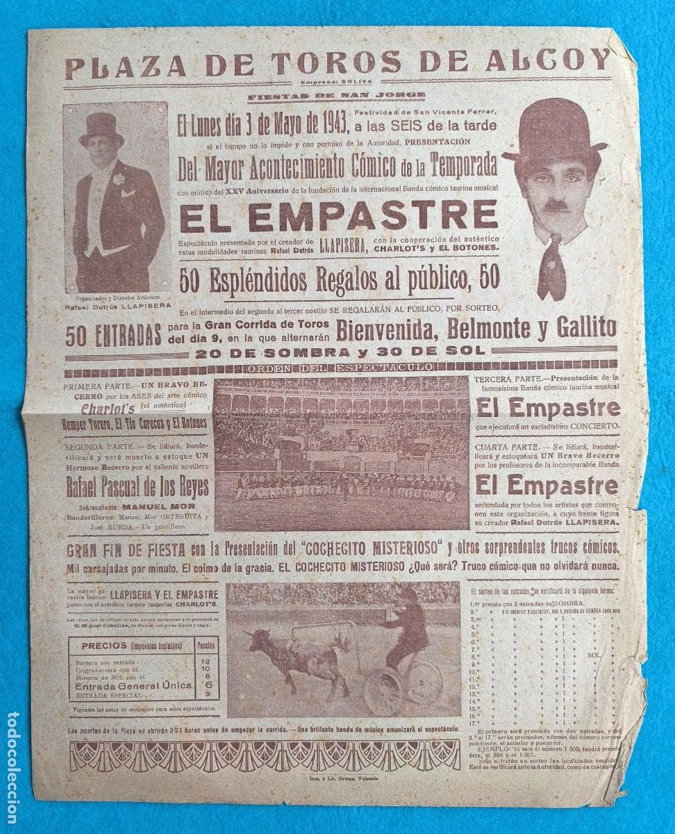 Carteles Espect&aacute;culos: RW CARTEL PLAZA TOROS ALCOY ALICANTE 1943 ESPECTACULO LLAPISERA BIENVENIDA BELMONTE GALLITO CTC216
