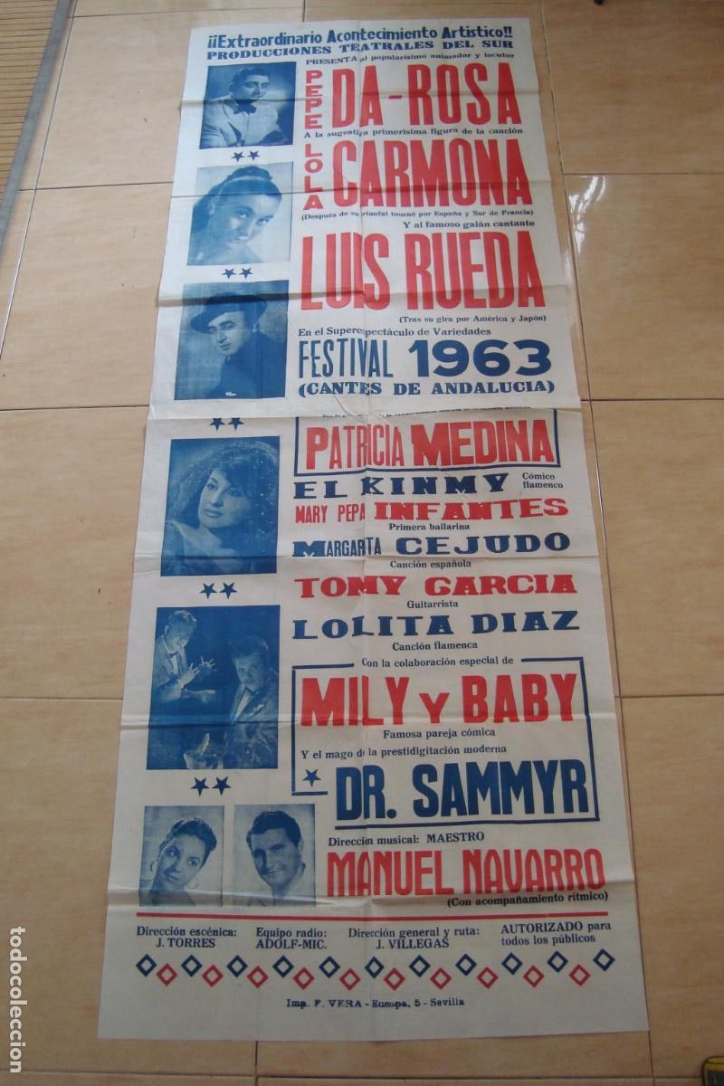 Carteles Espect&aacute;culos: CARTEL FESTIVAL CANTES ANDALUCIA 1963. PEPE DA ROSA. LOLA CARMONA. PATRICIA MEDINA. MAGO DR.SAMMYR.