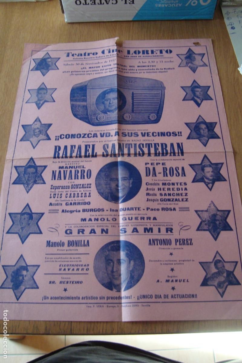 Carteles Espect&aacute;culos: CINE LORETO SAN JUAN AZNALFARACHE 1957. PEPE DA ROSA. RAFAEL SANTISTEBAN.CONCHITA MONTES.SAMIR.