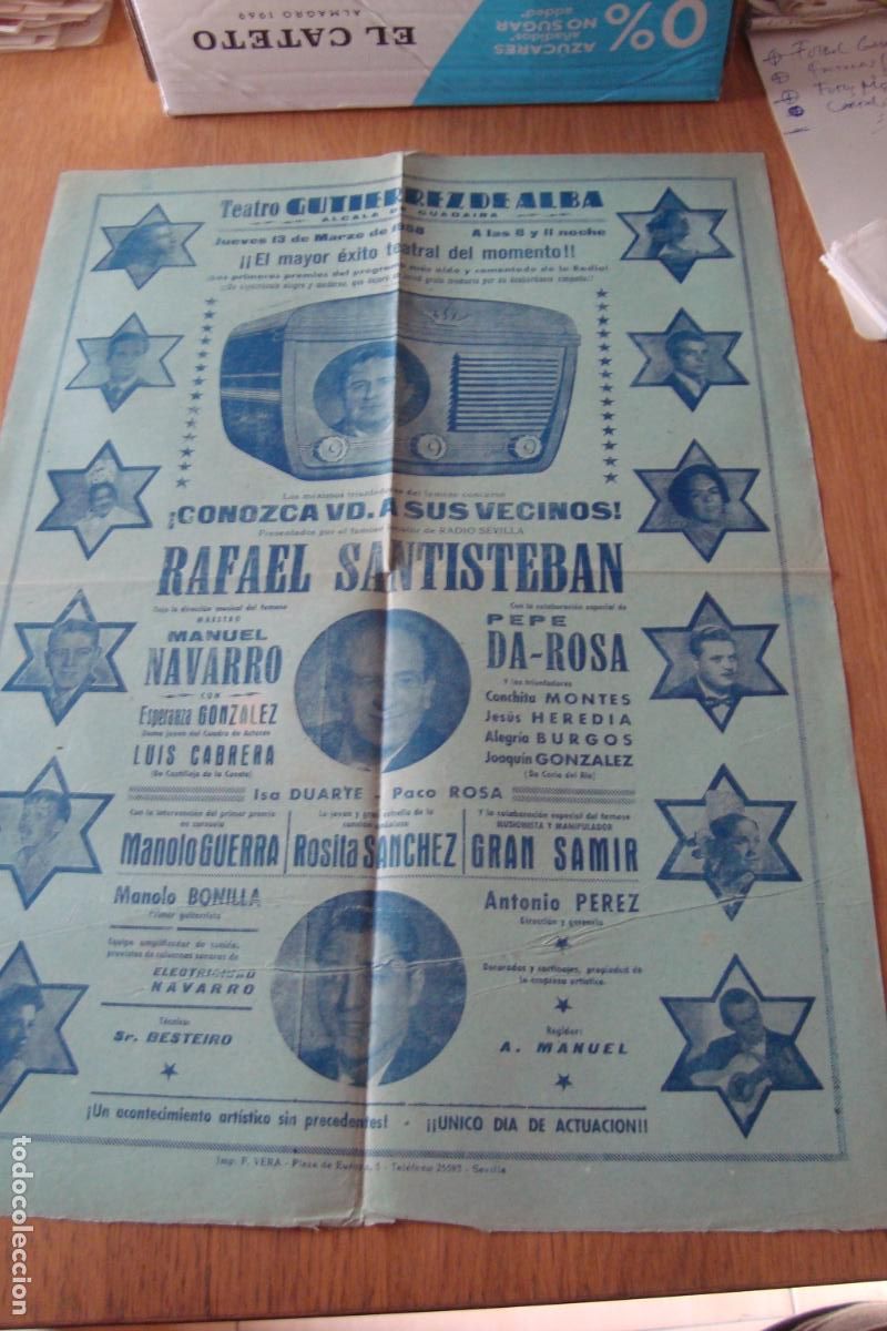 Carteles Espect&aacute;culos: TEATRO GUTIERREZ ALBA ALCALA GUADAIRA 1958. RAFAEL SANTISTEBAN.MANOLO BONILLA.CONCHITA MONTES.SAMIR.