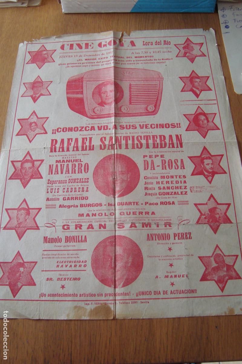 Carteles Espect&aacute;culos: CINE GOYA LORA DEL RIO 1957. RAFAEL SANTISTEBAN. PEPE DA-ROSA. JOAQUIN GONZALEZ DE CORIA DEL RIO.