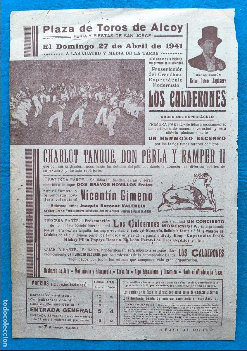 Carteles Espect&aacute;culos: RW CARTEL PLAZA TOROS ALCOY ALICANTE ESPECTACULO LOS CALDERONES CHARLOT TANQUE CTC 233