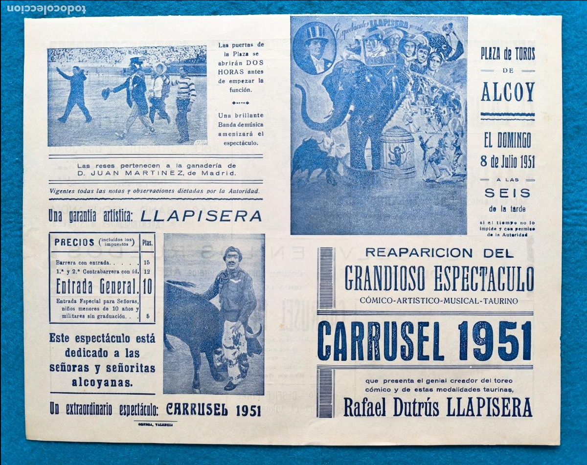 Carteles Espect&aacute;culos: RW CARTEL PLAZA TOROS ALCOY ALICANTE 1951 ESPECTACULO CARRUSEL 1951 LLAPISERA CTC234
