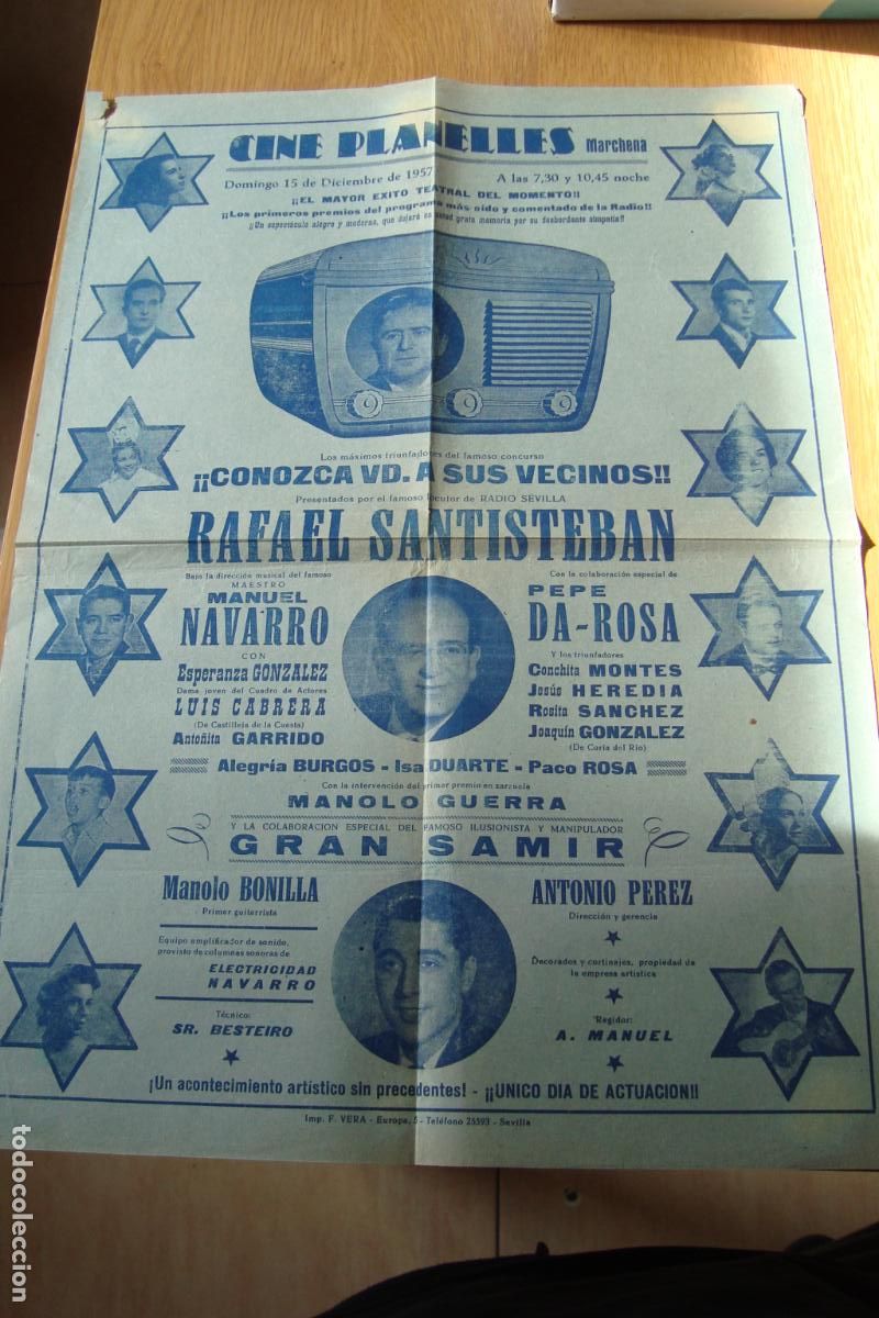 Carteles Espect&aacute;culos: CINE PLANELLES MARCHENA SEVILLA 1957. MANOLO GUERRA.PEPE DA-ROSA. MAGO SAMIR. MANOLO BONILLA