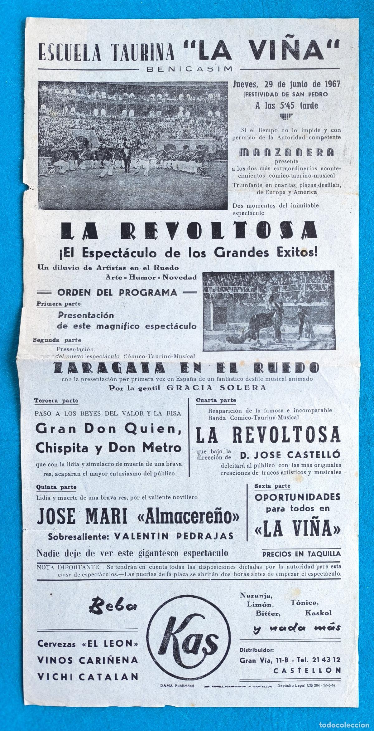 Carteles Espect&aacute;culos: RW CARTEL ESCUELA TAURINA LA VI&Ntilde;A BENICASSIM 1967 CASTELLON MANZANERA LA REVOLTOSA CTC238