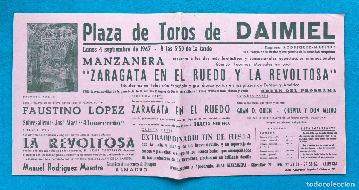 Carteles Espect&aacute;culos: RW CARTEL PLAZA TOROS DAIMIEL CIUDAD REAL 1967 MANZANERA LA REVOLTOSA FAUSTINO LOPEZ CTC240 R