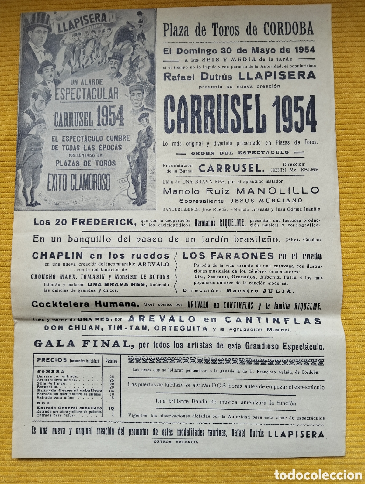 Carteles Espect&aacute;culos: CARTEL PLAZA DE TOROS CORDOBA 30 MAYO 1954 CARRUSEL RAFAEL DUTRUS LLAPISERA