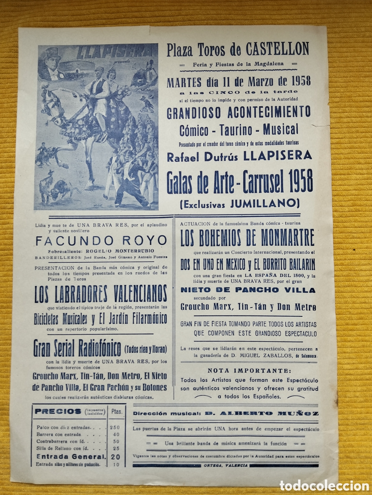 Carteles Espect&aacute;culos: CARTEL PLAZA DE TOROS CASTELLON 11 MARZO 1958 CARRUSEL GALAS DE ARTE RAFAEL DUTRUS LLAPISERA