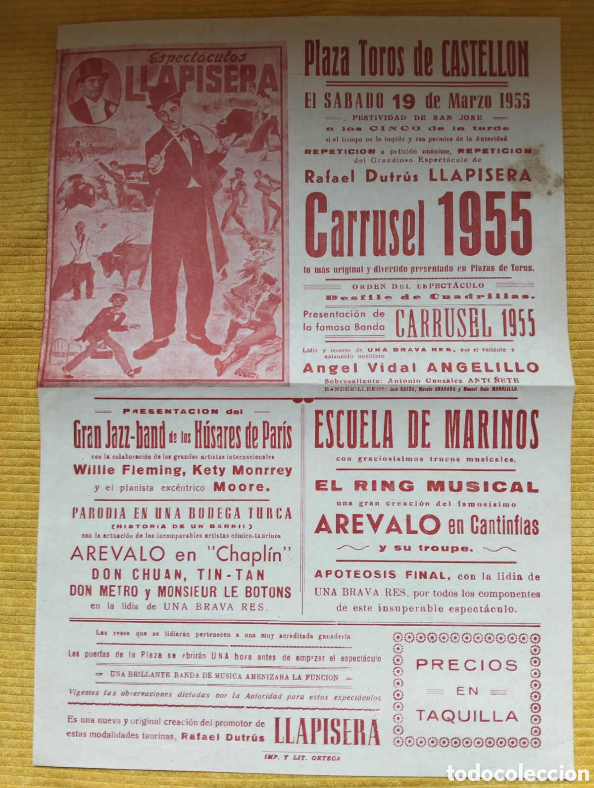 Carteles Espect&aacute;culos: CARTEL PLAZA DE TOROS CASTELLON 19 MARZO 1955 CARRUSEL RAFAEL DUTRUS LLAPISERA