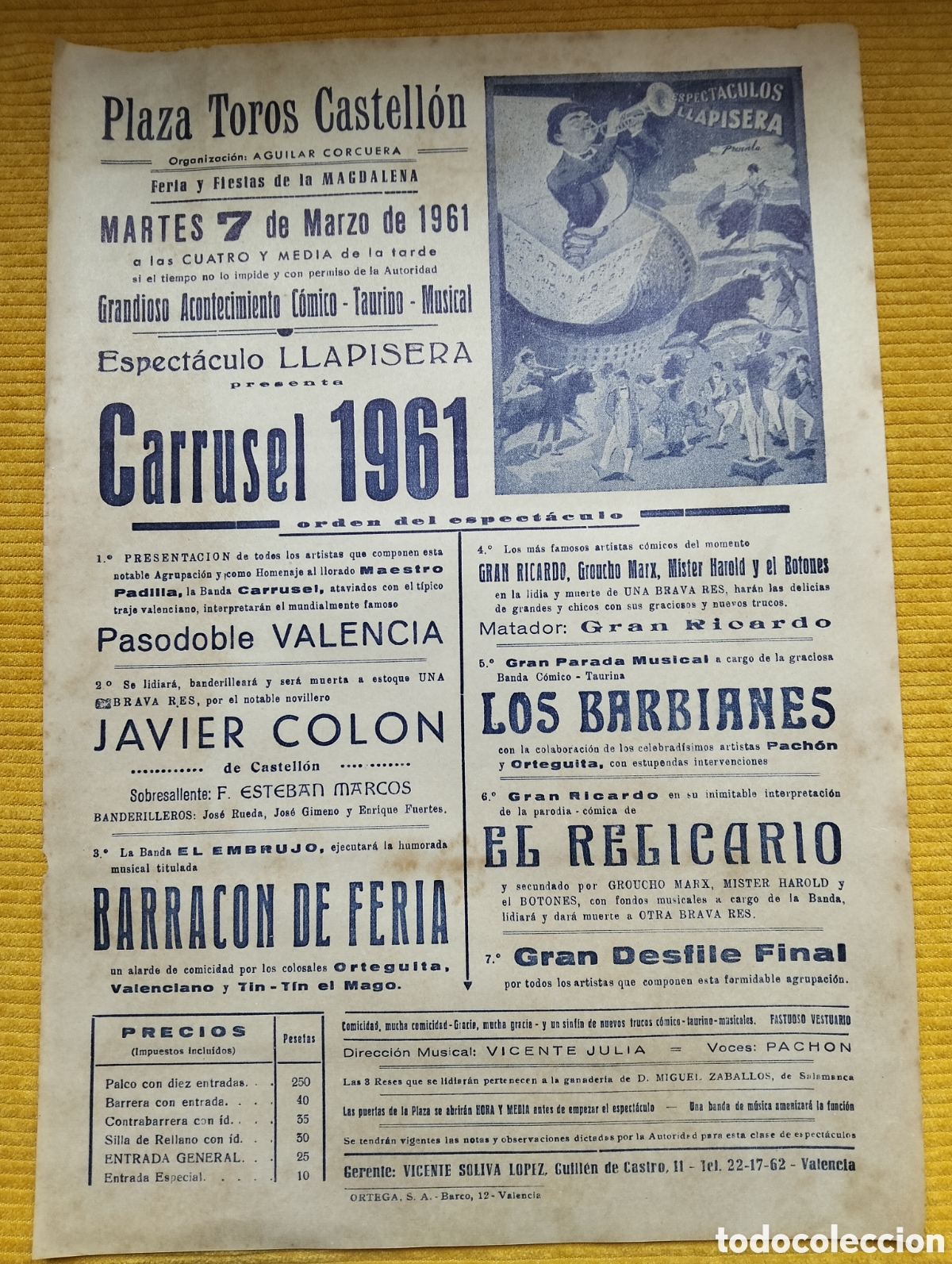 Carteles Espect&aacute;culos: CARTEL PLAZA DE TOROS CASTELLON 7 MARZO 1961 CARRUSEL LLAPISERA