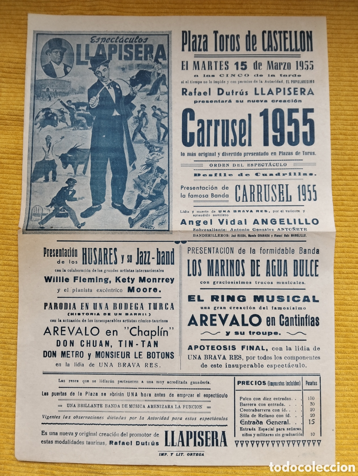 Carteles Espect&aacute;culos: CARTEL PLAZA DE TOROS CASTELLON 15 MARZO 1955 CARRUSEL RAFAEL DUTRUS LLAPISERA