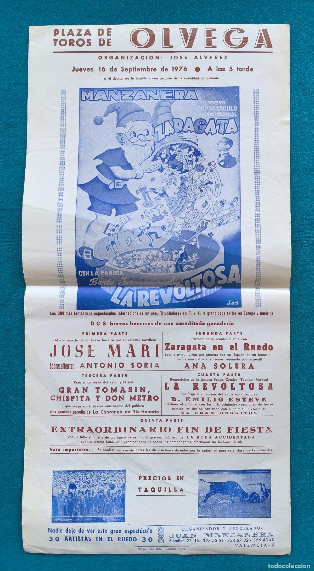 Cartazes Espet&aacute;culos: RW CARTEL PLAZA TOROS OLVEGA SORIA 1976 ESPECTACULO MANZANERA LA REVOLTOSA CTC262 R