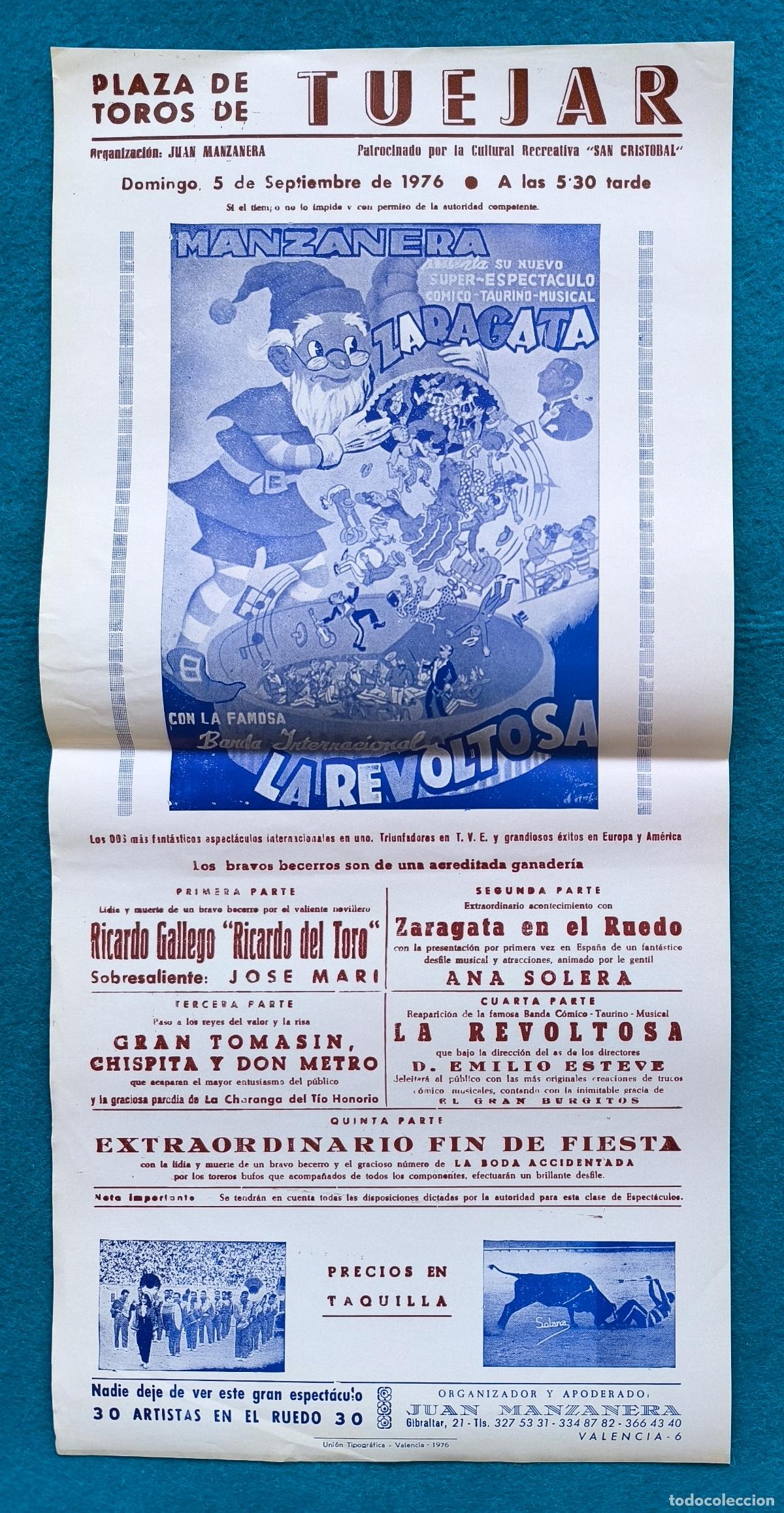 Carteles Espect&aacute;culos: RW CARTEL PLAZA TOROS TUEJAR VALENCIA 1976 ESPECTACULOS MANZANERA LA REVOLTOSA CTC267 R