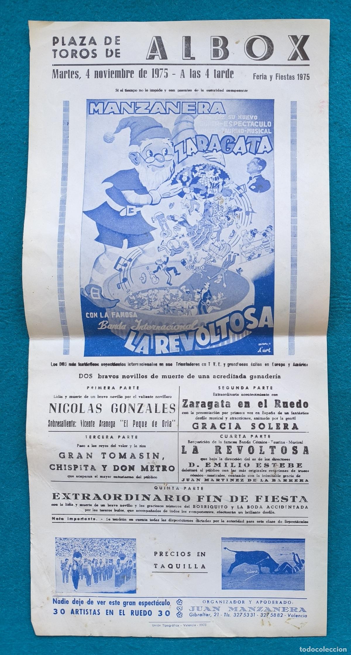 Carteles Espect&aacute;culos: RW CARTEL PLAZA TOROS ALBOX ALMERIA 1975 ESPECTACULOS MANZANERA LA REVOLTOSA CTC268 R