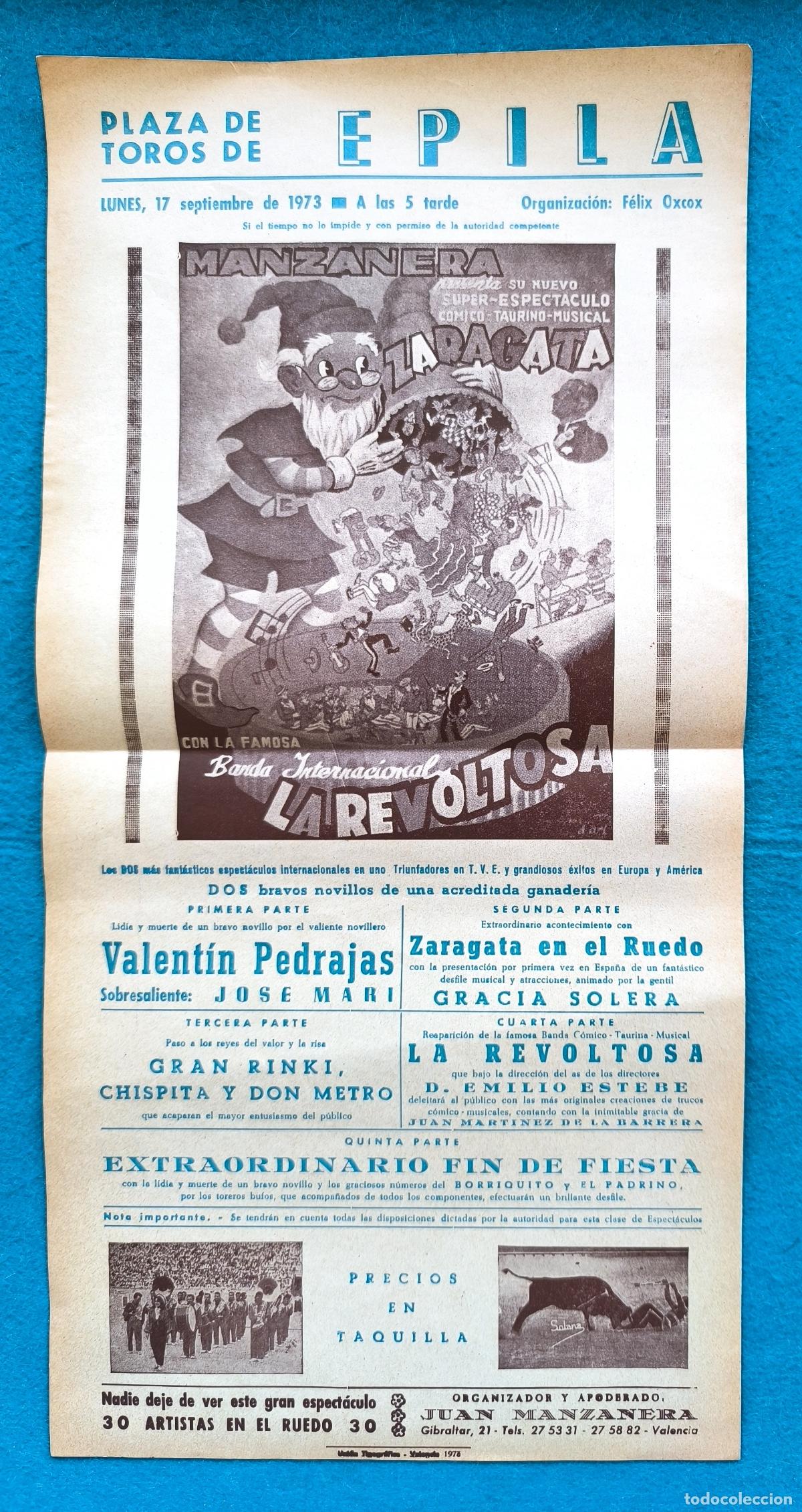 Carteles Espect&aacute;culos: RW CARTEL PLAZA TOROS EPILA ZARAGOZA 1973 ESPECTACULOS MANZANERA LA REVOLTOSA CTC271 R