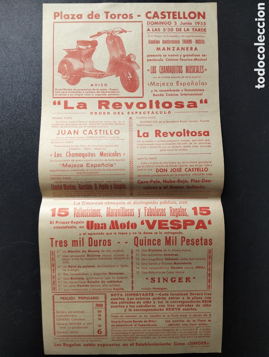 Carteles Espect&aacute;culos: CARTEL 43X21- PLAZA DE TOROS CASTELLON - 5 JUNIO 1955 - PUBLICIDAD MOTO VESPA - LA REVOLTOSA