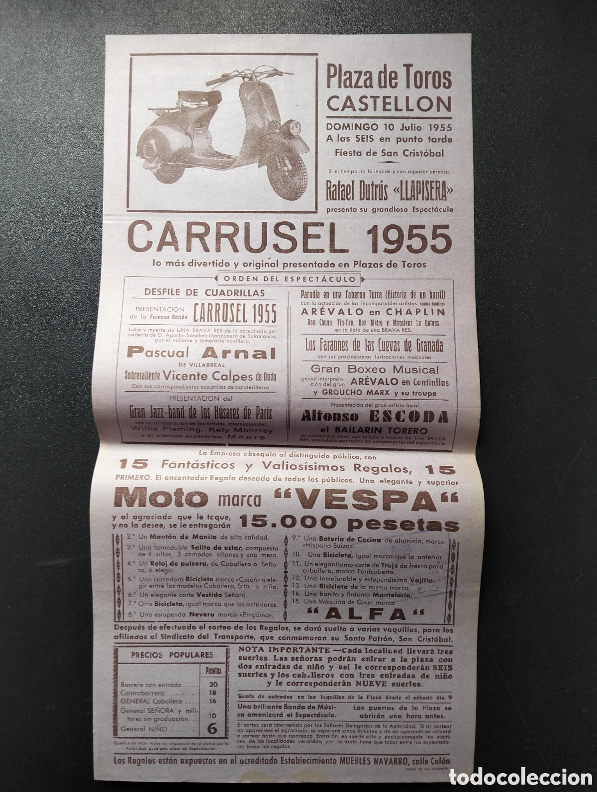 Carteles Espect&aacute;culos: CARTEL 43X21- PLAZA DE TOROS CASTELLON - 10 JULIO 1955 CARRUSEL - PUBLICIDAD MOTO VESPA