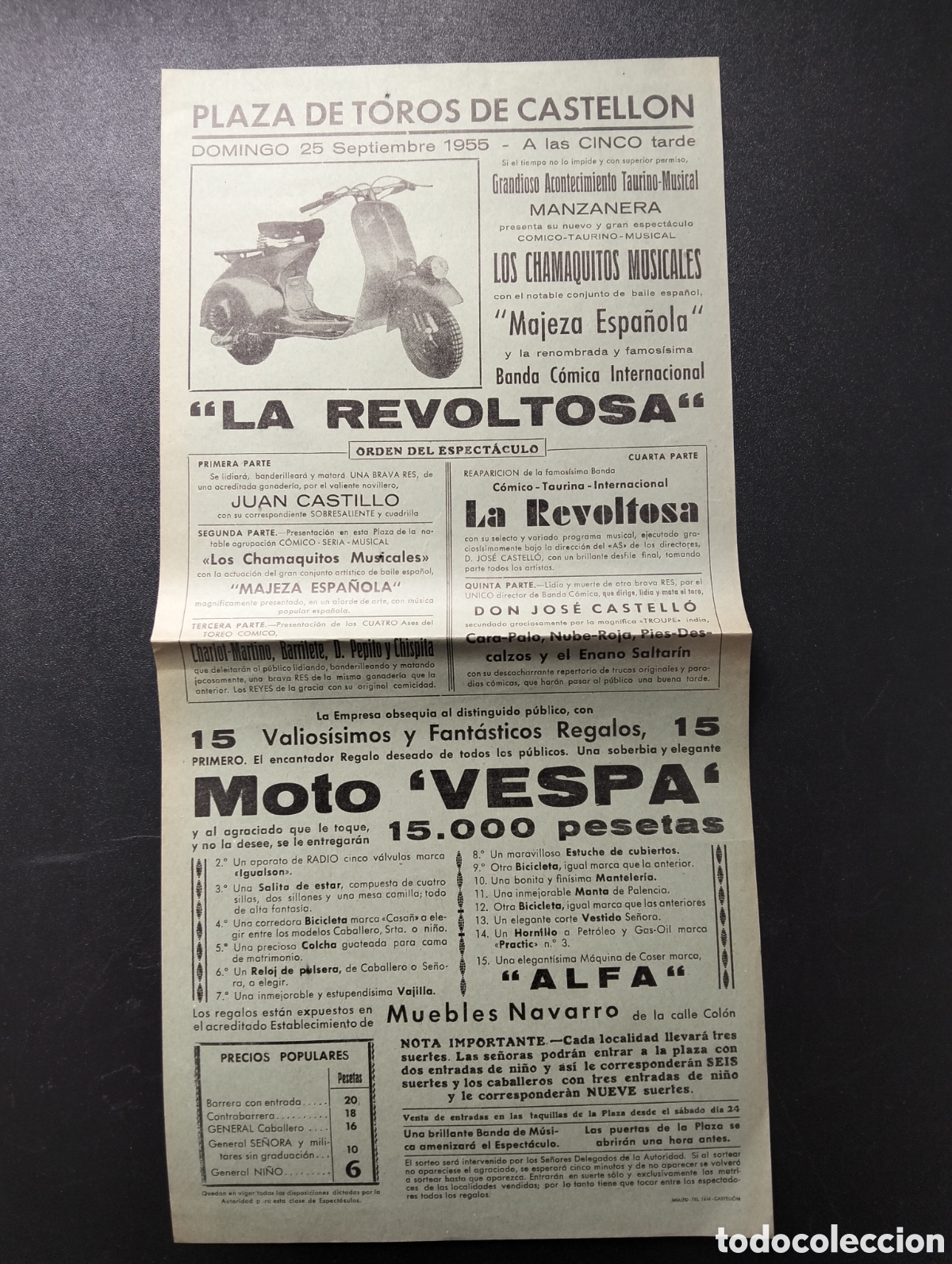 Carteles Espect&aacute;culos: CARTEL 43X21- PLAZA DE TOROS CASTELLON - 25 SEPTIEMBRE 1955 LA REVOLTOSA - PUBLICIDAD MOTO VESPA