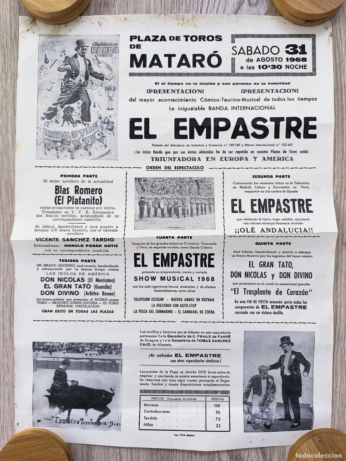 Carteles Espect&aacute;culos: RW CARTEL PLAZA DE TOROS MATARO BARCELONA 1968 SHOW MUSICAL ESPECTAULOS EL EMPASTRE CT501