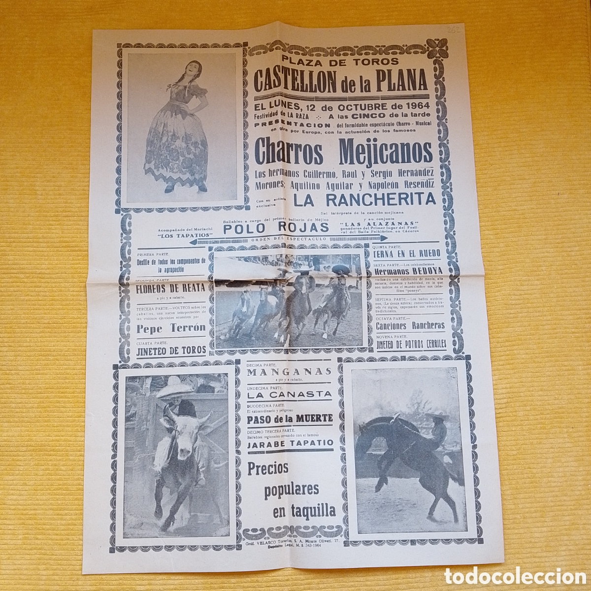 Carteles Espect&aacute;culos: CARTEL PLAZA DE TOROS CASTELLON DE LA PLANA 12 OCTUBRE 1964 CHARROS MEJICANOS LA RANCHERITA
