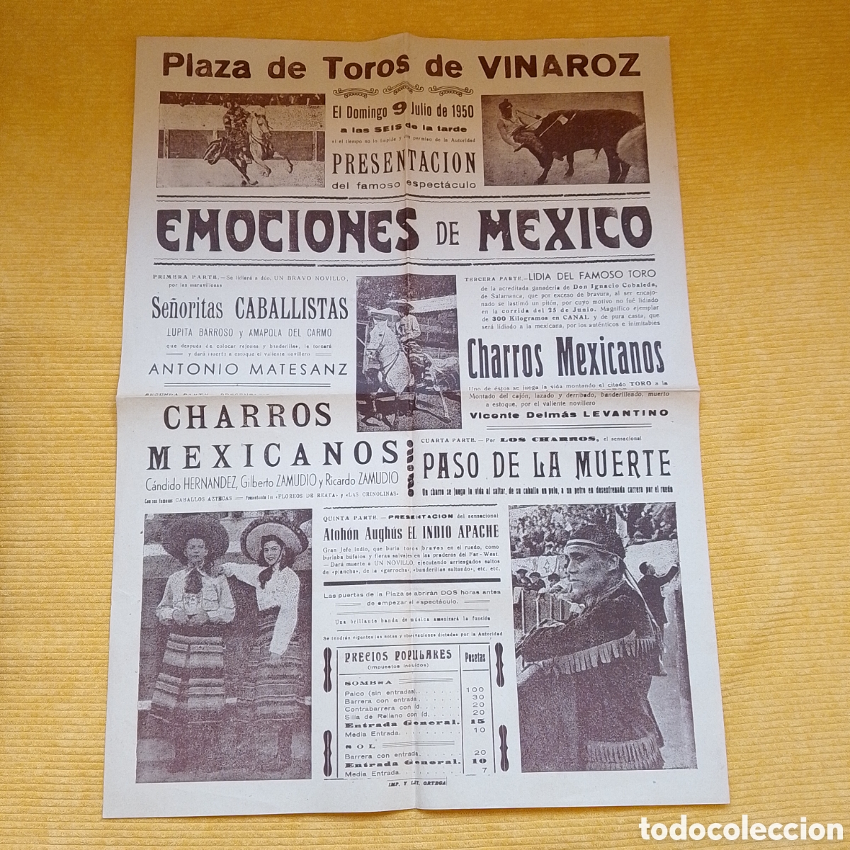 Carteles Espect&aacute;culos: CARTEL PLAZA DE TOROS VINAROZ 9 JULIO 1950 EMOCONES DE MEXICO CHARROS MEXICANOS