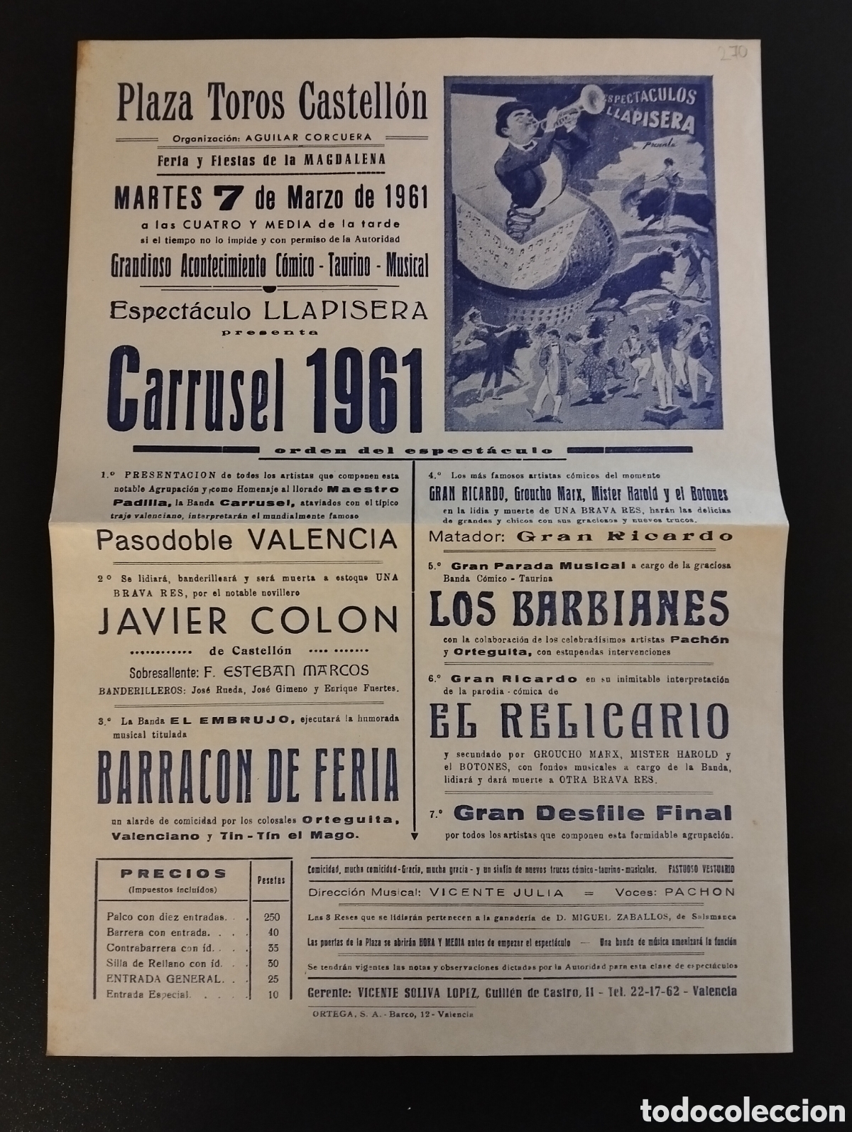 Carteles Espect&aacute;culos: CARTEL PLAZA DE TOROS CASTELLON 7 MARZO 1961 CARRUSEL LLAPISERA