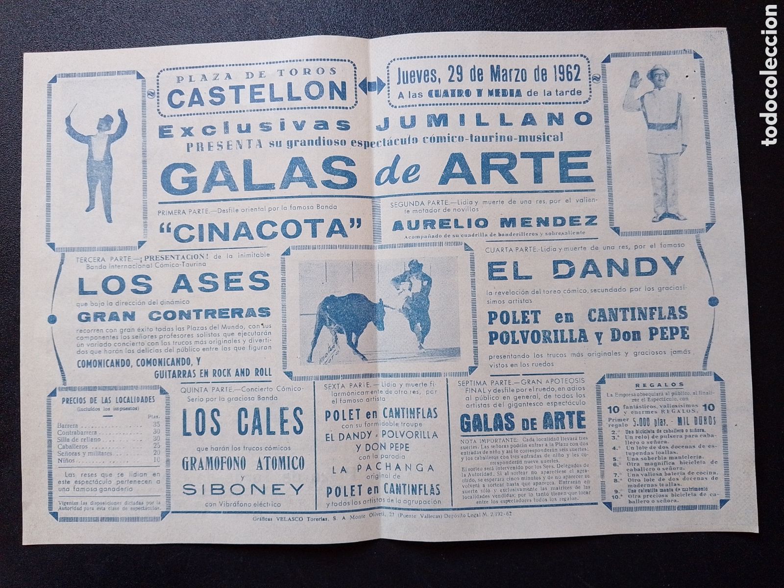 Carteles Espect&aacute;culos: CARTEL PLAZA DE TOROS CASTELLON 29 MARZO 1962GALAS DE ARTE EXLUSIVAS JUMILLANO