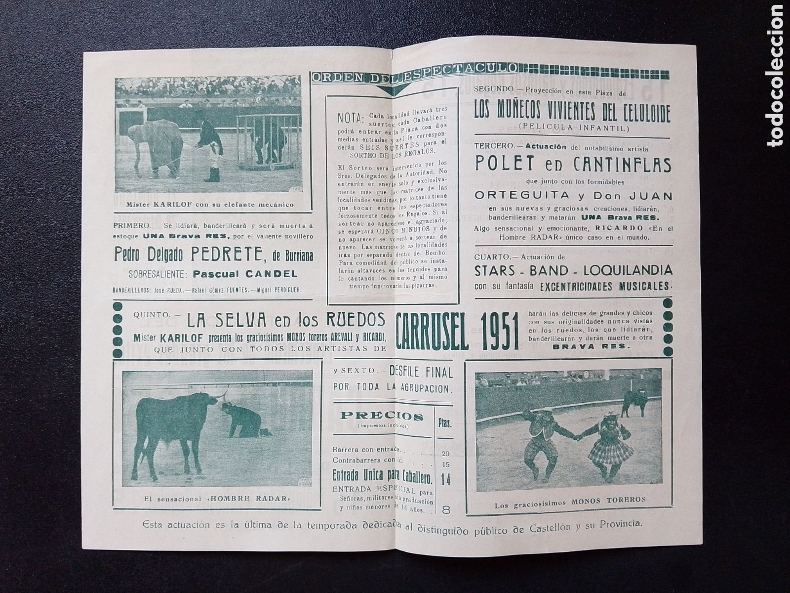 Carteles Espect&aacute;culos: CARTEL PLAZA DE TOROS CASTELLON 28 OCTUBRE 1951 CARRUSEL RAFAEL DUTRUS LLAPISERA