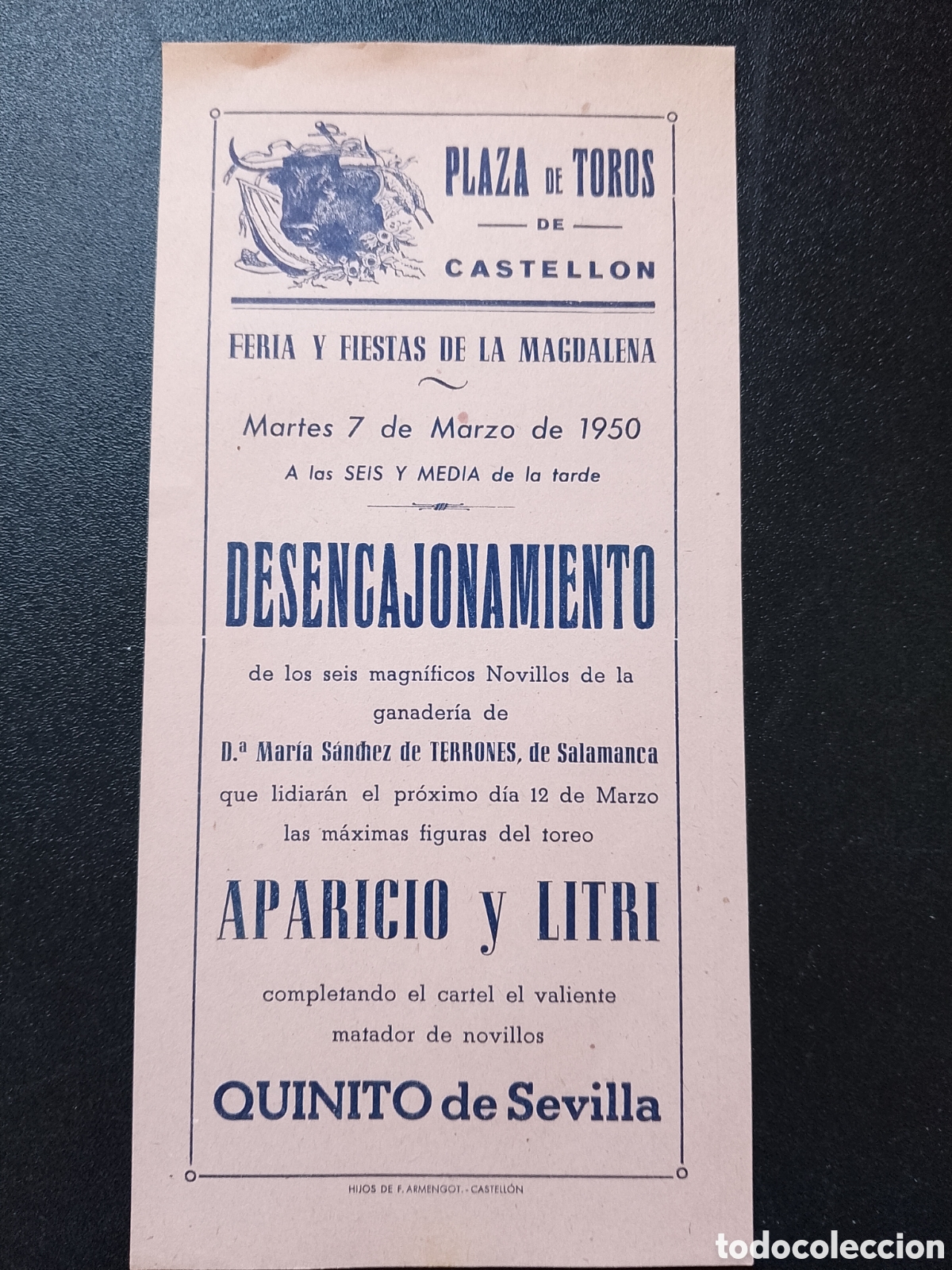 Carteles Espect&aacute;culos: CARTEL PLAZA DE TOROS CASTELLON 7 MARZO 1950 APARICIO LITRI