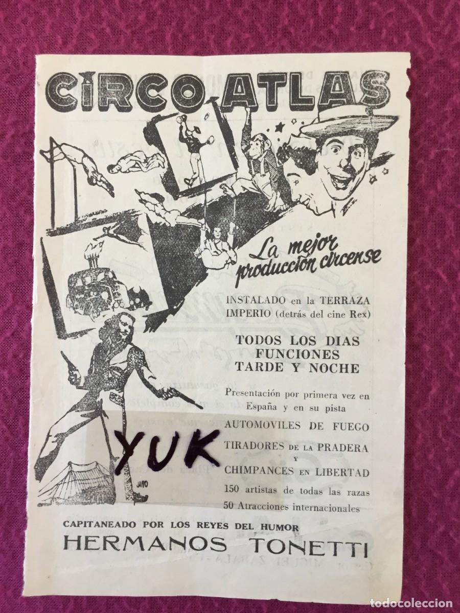 Carteles Espect&aacute;culos: HOJA PUBLICITARIA DEL A&Ntilde;O 1958 DEL CIRCO ATLAS CON LOS HERMANOS TONETTI - TAMA&Ntilde;O: 15X10 CM