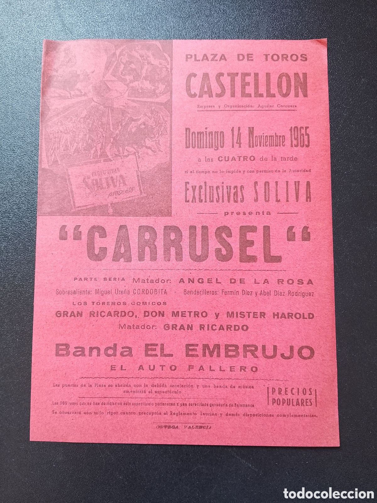 Carteles Espect&aacute;culos: CARTEL PLAZA DE TOROS CASTELLON 14 NOVIEMBRE 1965 CARRUSEL BANDA EL EMBRUJO
