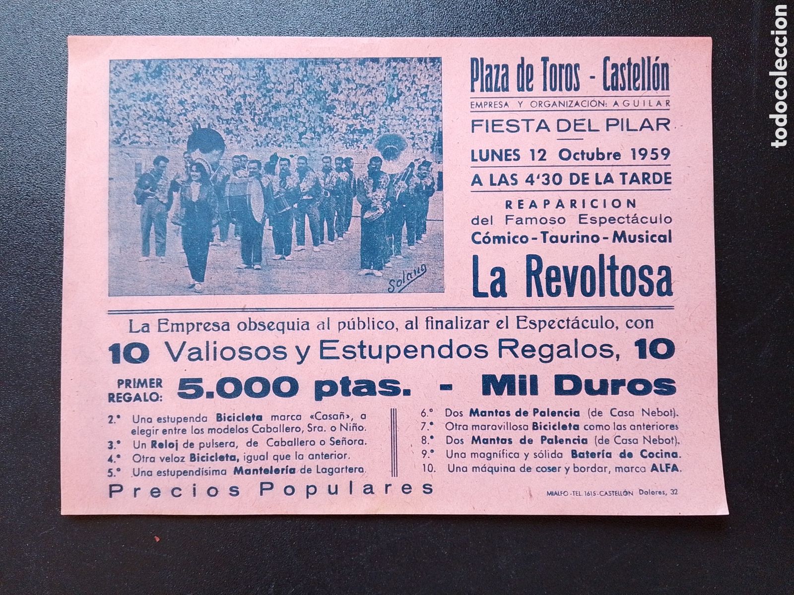 Carteles Espect&aacute;culos: CARTEL PLAZA DE TOROS CASTELLON 12 OCTUBRE 1959 LA REVOLTOSA