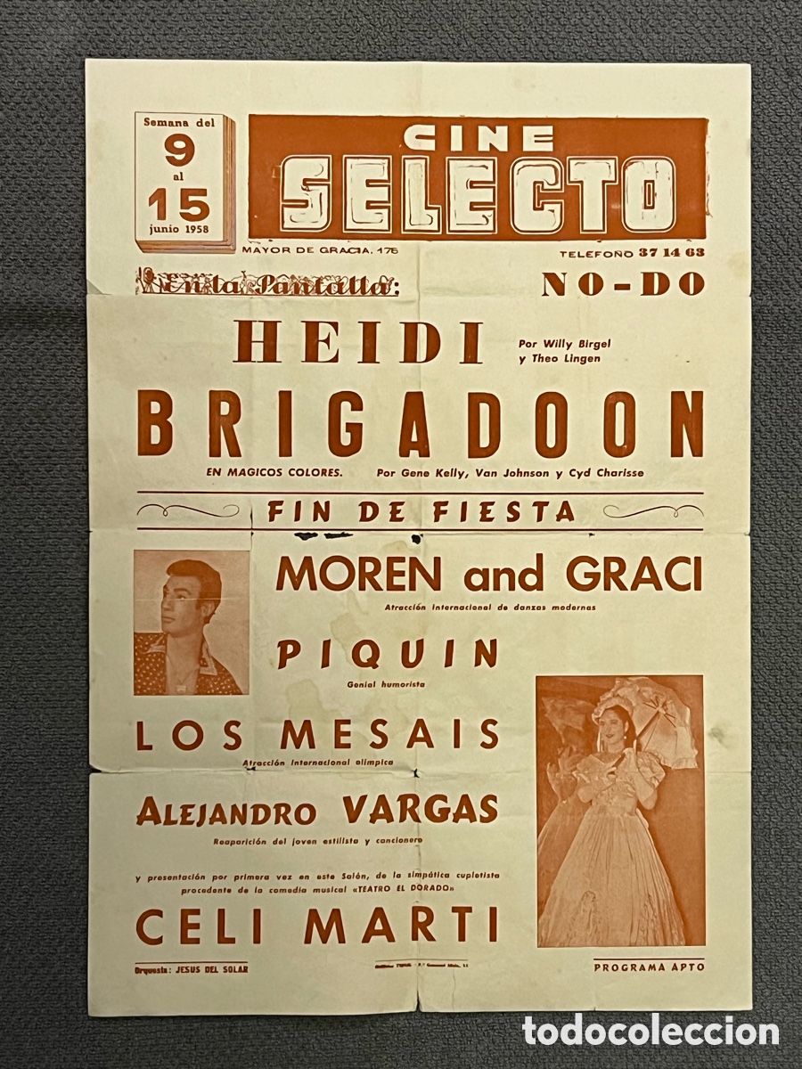 Carteles Espect&aacute;culos: BARCELONA. CINE SELECTO. Mayor de Gracia.. Cartel HEIDI BRIGADOON (a.1958) Cartel