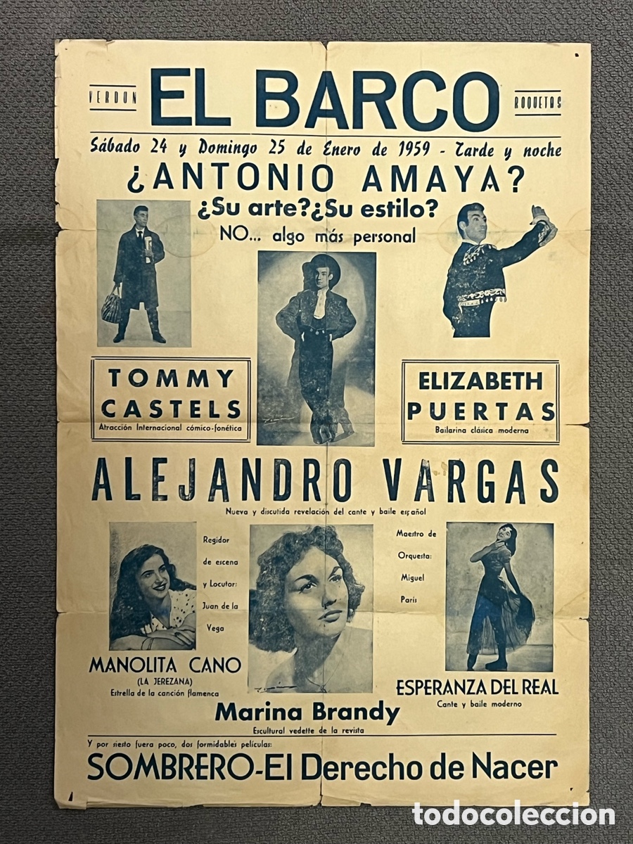Carteles Espect&aacute;culos: ROQUETAS DE MAR ? EL BARCO, Sala de Fiestas: Antonio Amaya, Alejandro Vargas.. (a.1959) Cartel