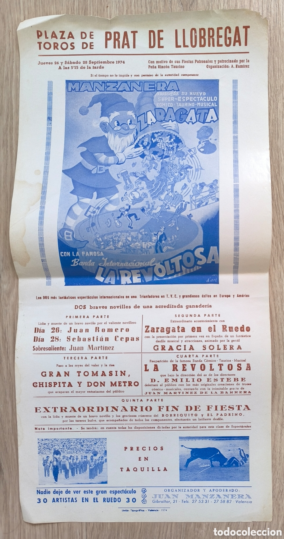 Carteles Espect&aacute;culos: RW CARTEL PLAZA TOROS PRAT DE LLOBREGAT BARCELONA 1977 MANZANERA LA REVOLTOSA CTC252