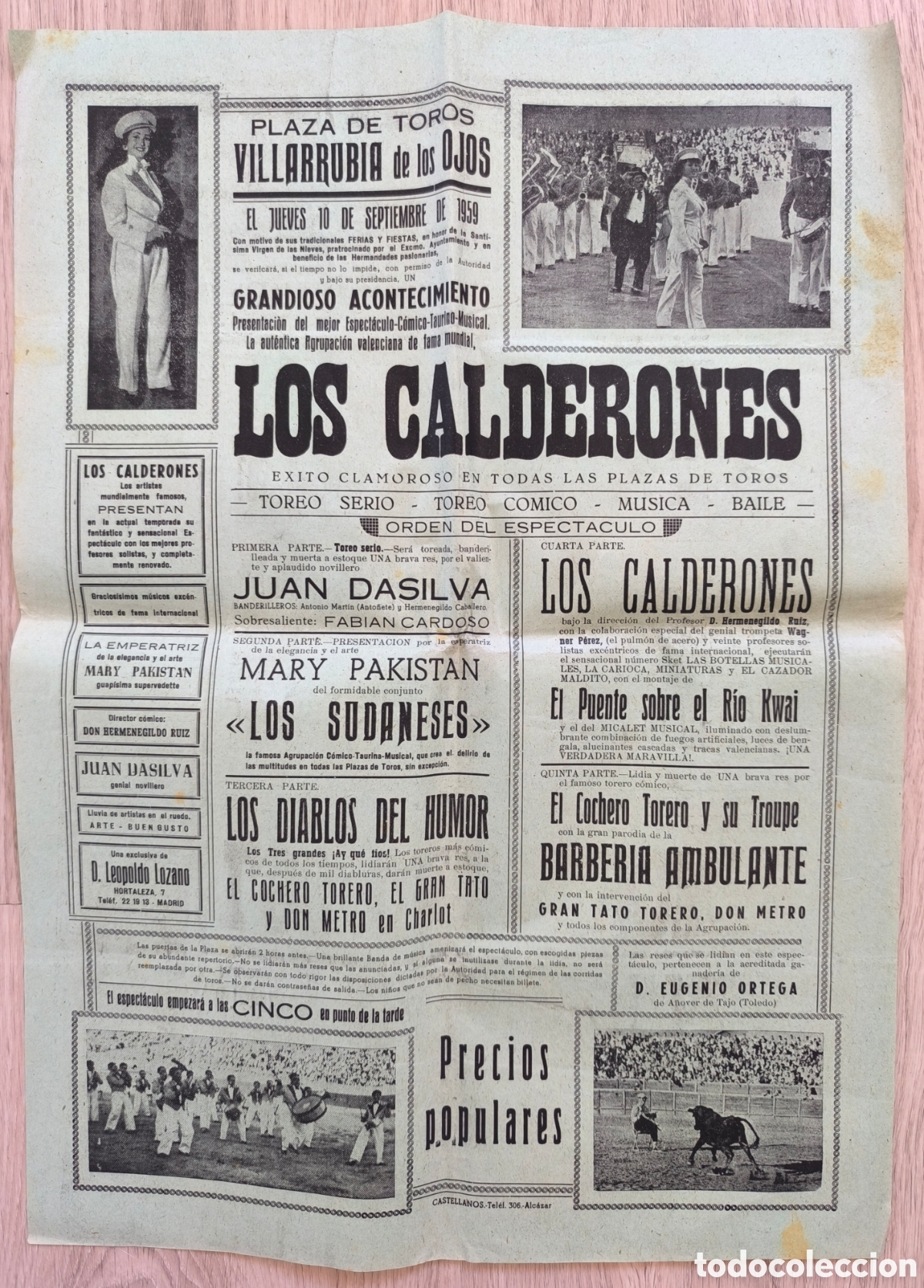 Carteles Espect&aacute;culos: RW CARTEL PLAZA TOROS VILLARUBIA DE LOS OJOS CIUDAD REAL 1959 LOS CALDERONES JUAN DASILVA CTC185